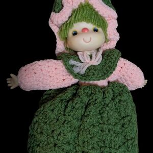 Handmade Crochet Feather Duster Doll In Pink and Green. Vintage, Hand Made